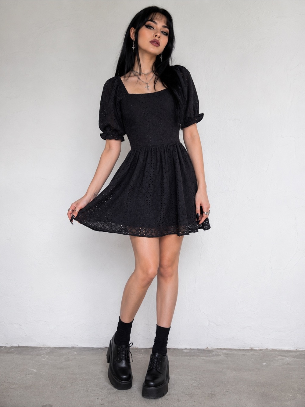 Disturbia Euthymia Mini Dress Black Eyelet Puff Sleeve Cottage Gothic Dress